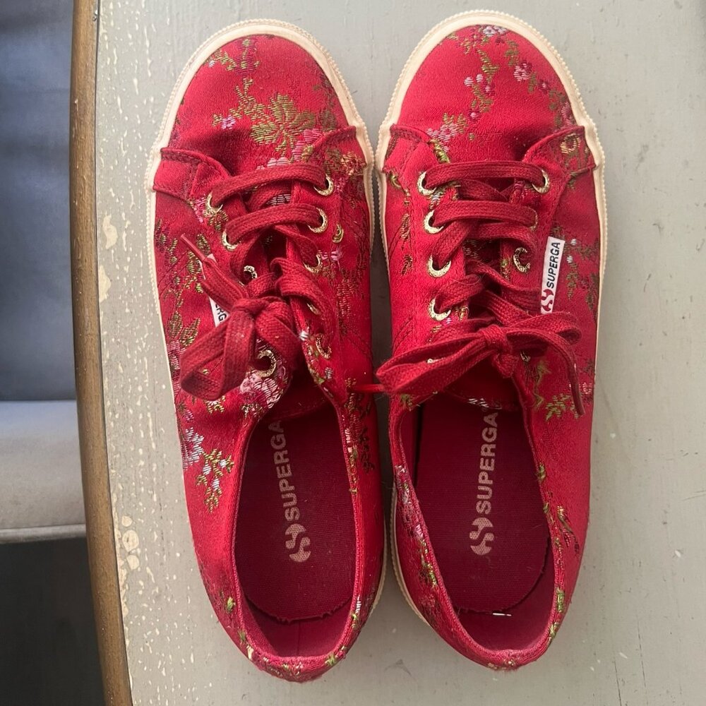Superga Red Floral Silk Sneakers (Size 38 / 7.5)